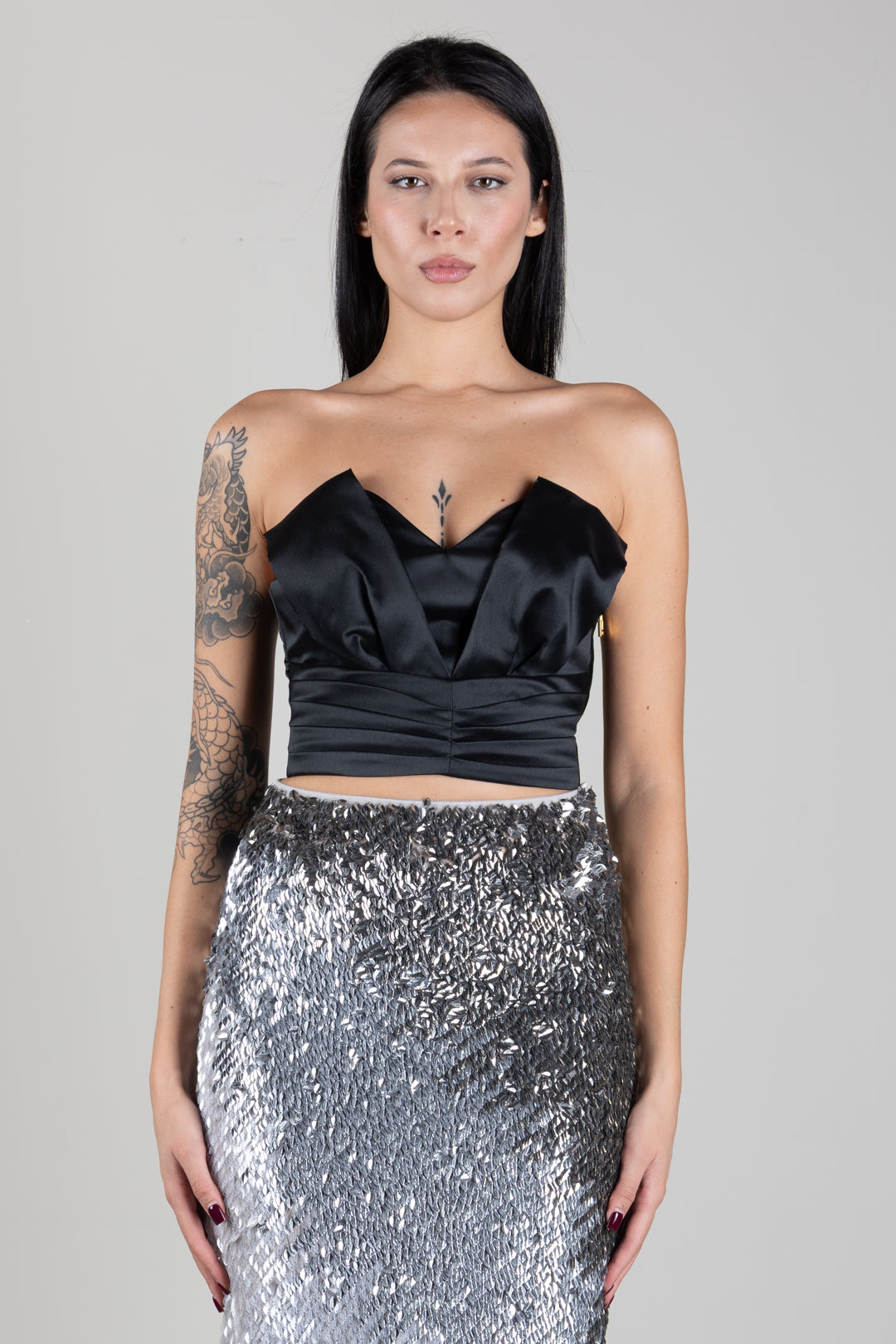 Elisabetta Franchi Top In Gazar con Drappeggio e Allacciatura a Corsetto TO09467E2 NERO