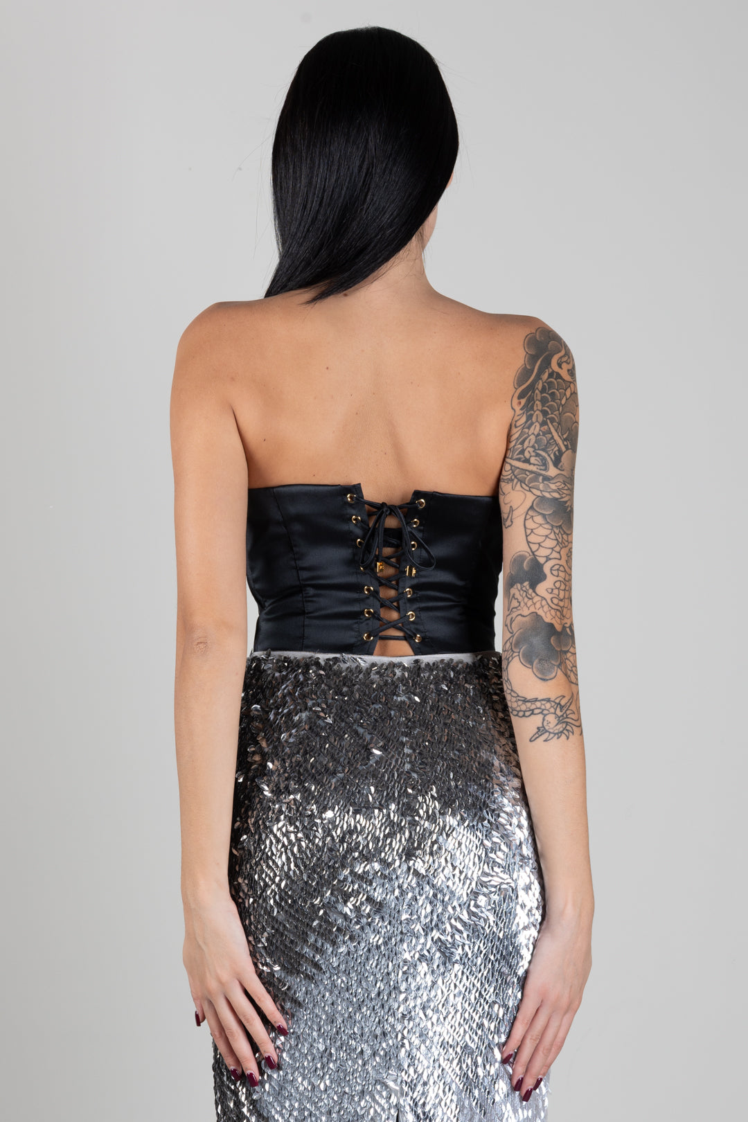 Elisabetta Franchi Top In Gazar con Drappeggio e Allacciatura a Corsetto TO09467E2 NERO