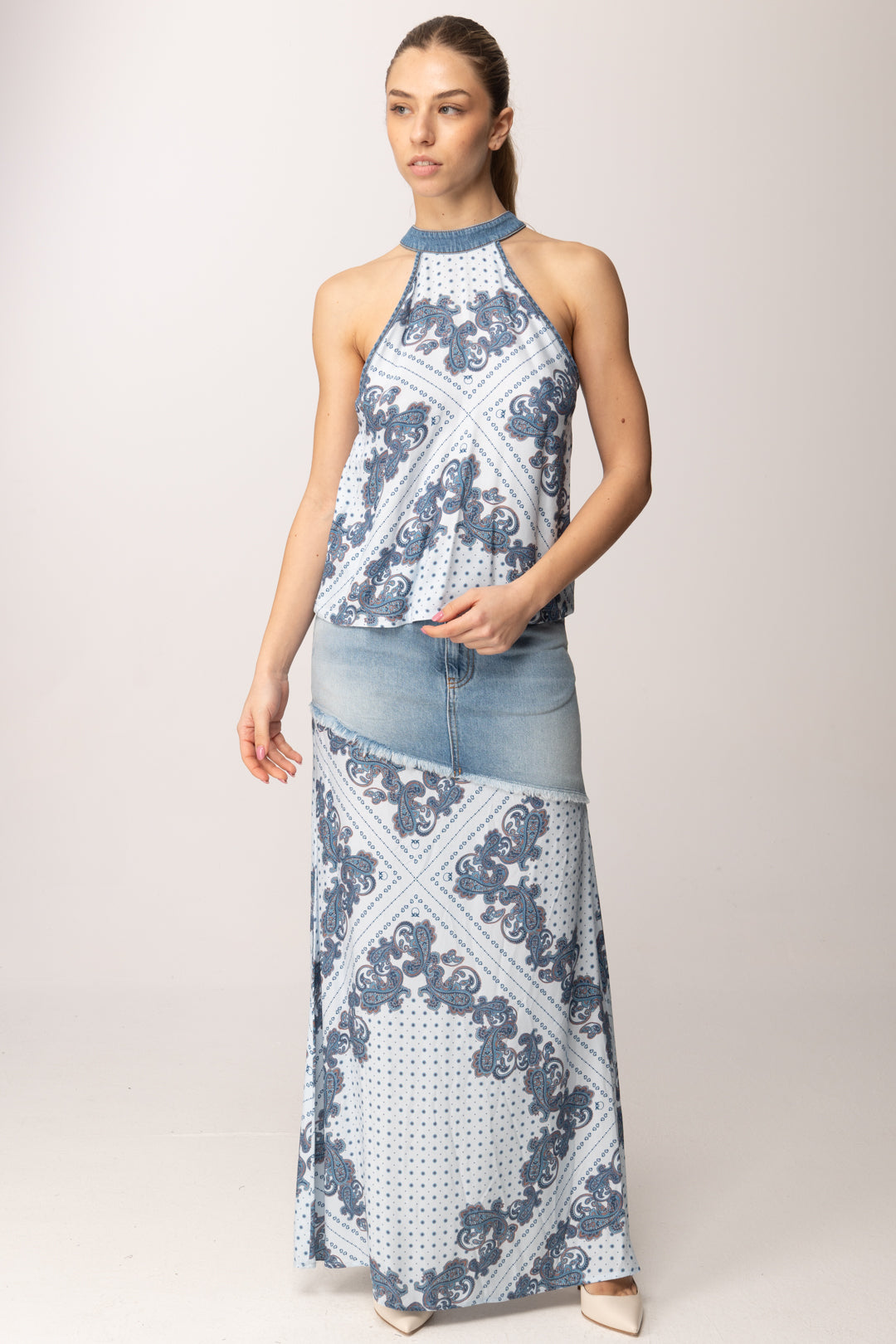 Pinko Top In Jeans con Stampa Foulard 106413 A33Y EE8