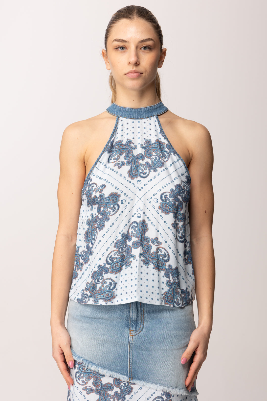 Pinko Top In Jeans con Stampa Foulard 106413 A33Y EE8