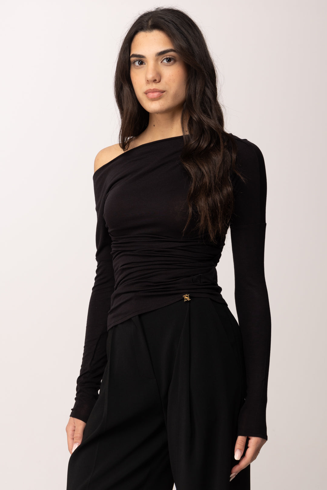 Elisabetta Franchi Top In Jersey con Scollo Asimmetricoa MD94B61E2 NERO