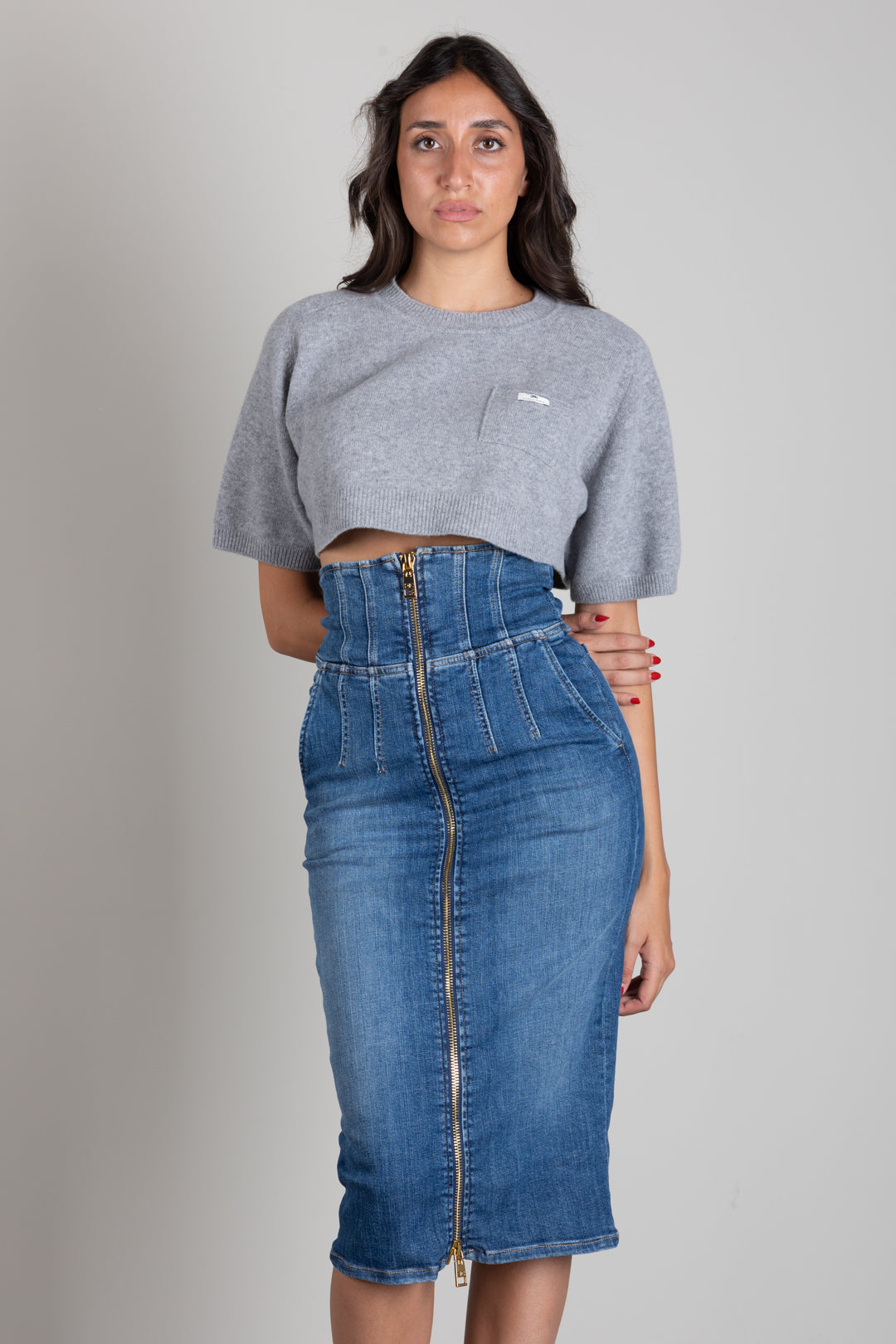 Elisabetta Franchi Top In Lana e Cashmere Oversize MK11T66E2 GRIGIO MELANGE