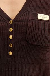 Elisabetta Franchi Top In Maglia a Costine e Colletto Polo MK86B61E2 CACAO