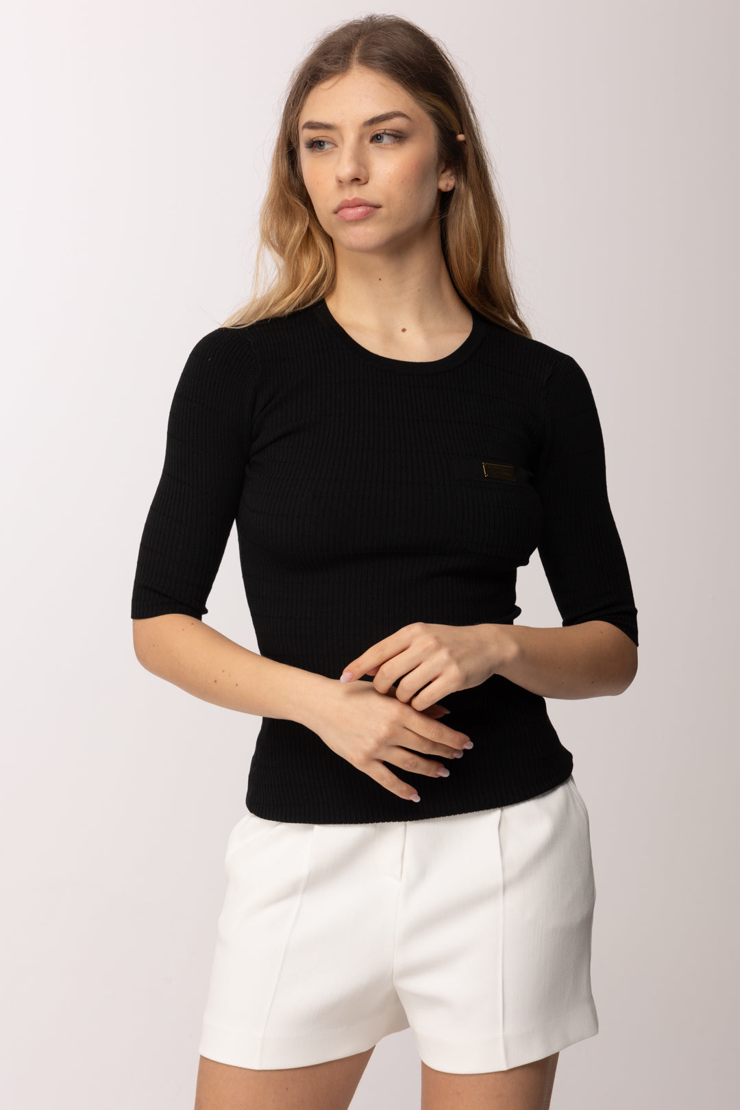 Elisabetta Franchi Top In Maglia a Maniche Corte con Placca Logo MK87B61E2 NERO