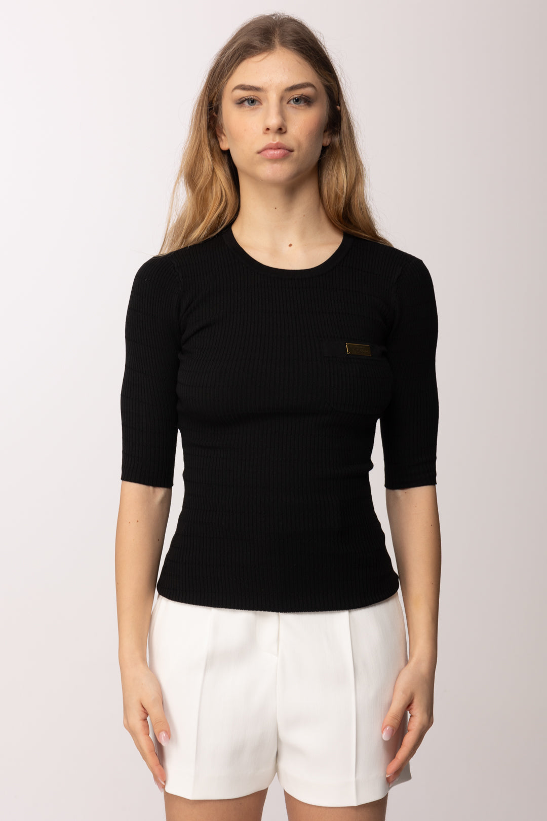 Elisabetta Franchi Top In Maglia a Maniche Corte con Placca Logo MK87B61E2 NERO