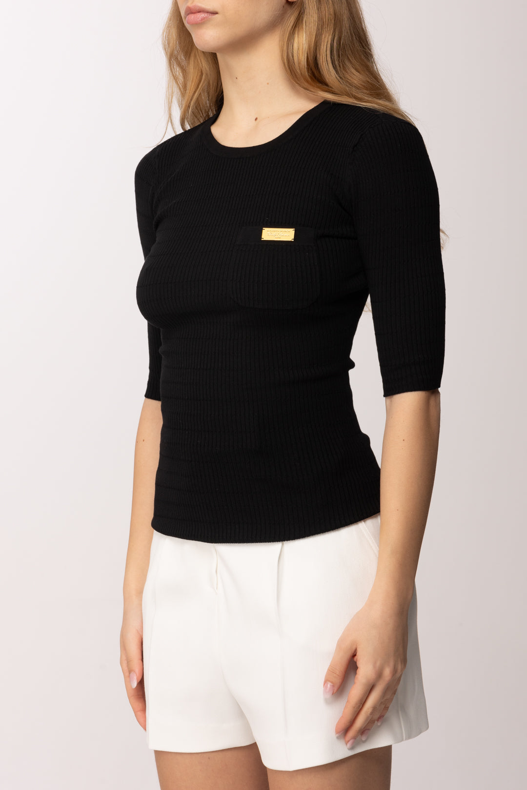Elisabetta Franchi Top In Maglia a Maniche Corte con Placca Logo MK87B61E2 NERO
