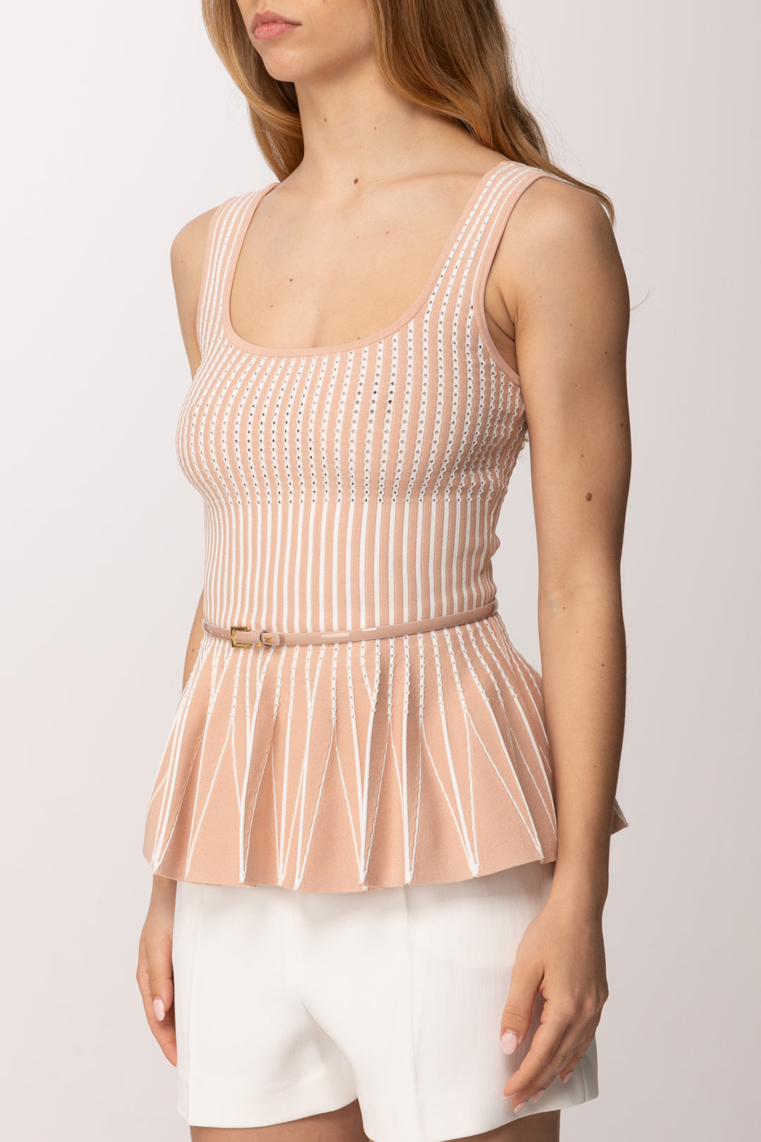 Elisabetta Franchi Top In Maglia Bicolore con Baschina e Cintura TK85S62E2 NUDE/AVORIO