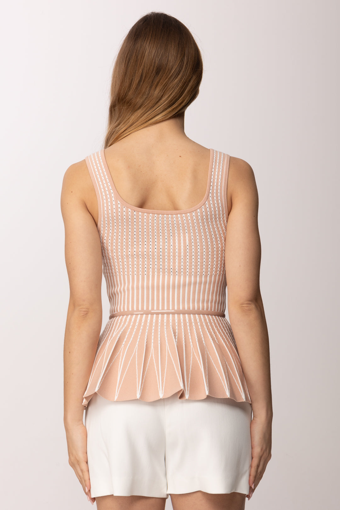 Elisabetta Franchi Top In Maglia Bicolore con Baschina e Cintura TK85S62E2 NUDE/AVORIO