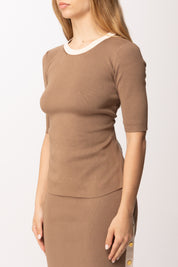 Elisabetta Franchi Top In Maglia con Bande In Viscosa Lucida MK67S61E2 ARGILLA/BURRO