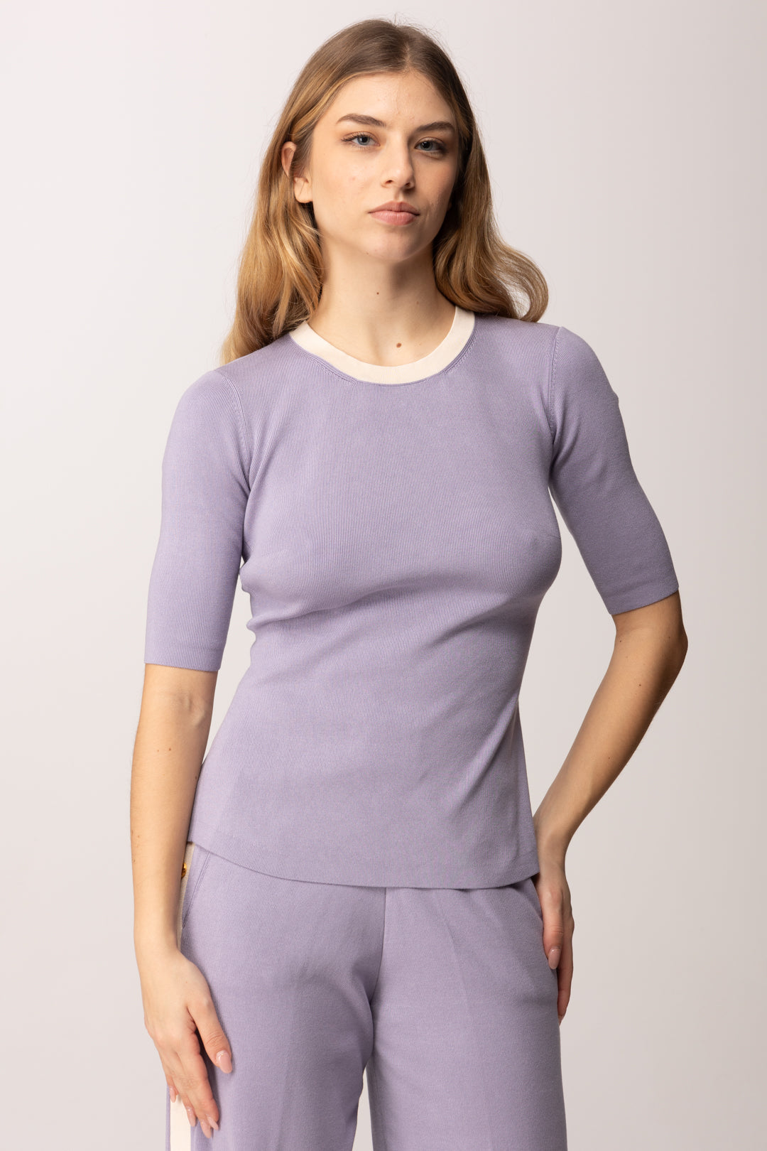 Elisabetta Franchi Top In Maglia con Bande In Viscosa Lucida MK67S61E2 LILLA/BURRO