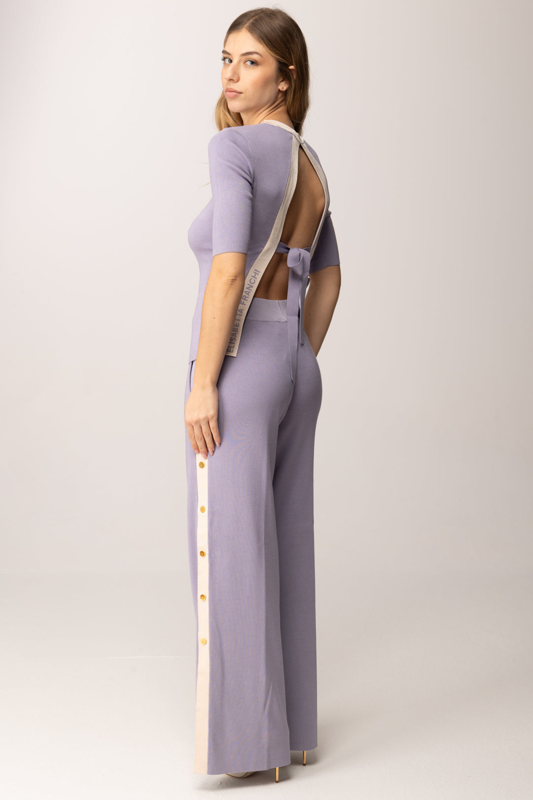 Elisabetta Franchi Top In Maglia con Bande In Viscosa Lucida MK67S61E2 LILLA/BURRO