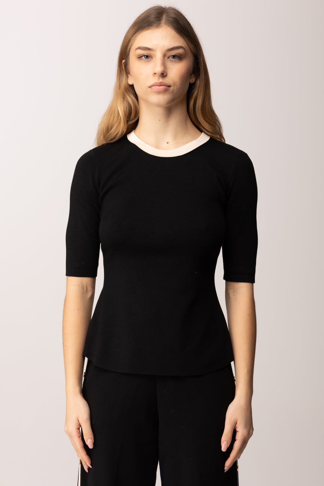 Elisabetta Franchi Top In Maglia con Bande In Viscosa Lucida MK67S61E2 NERO/BURRO