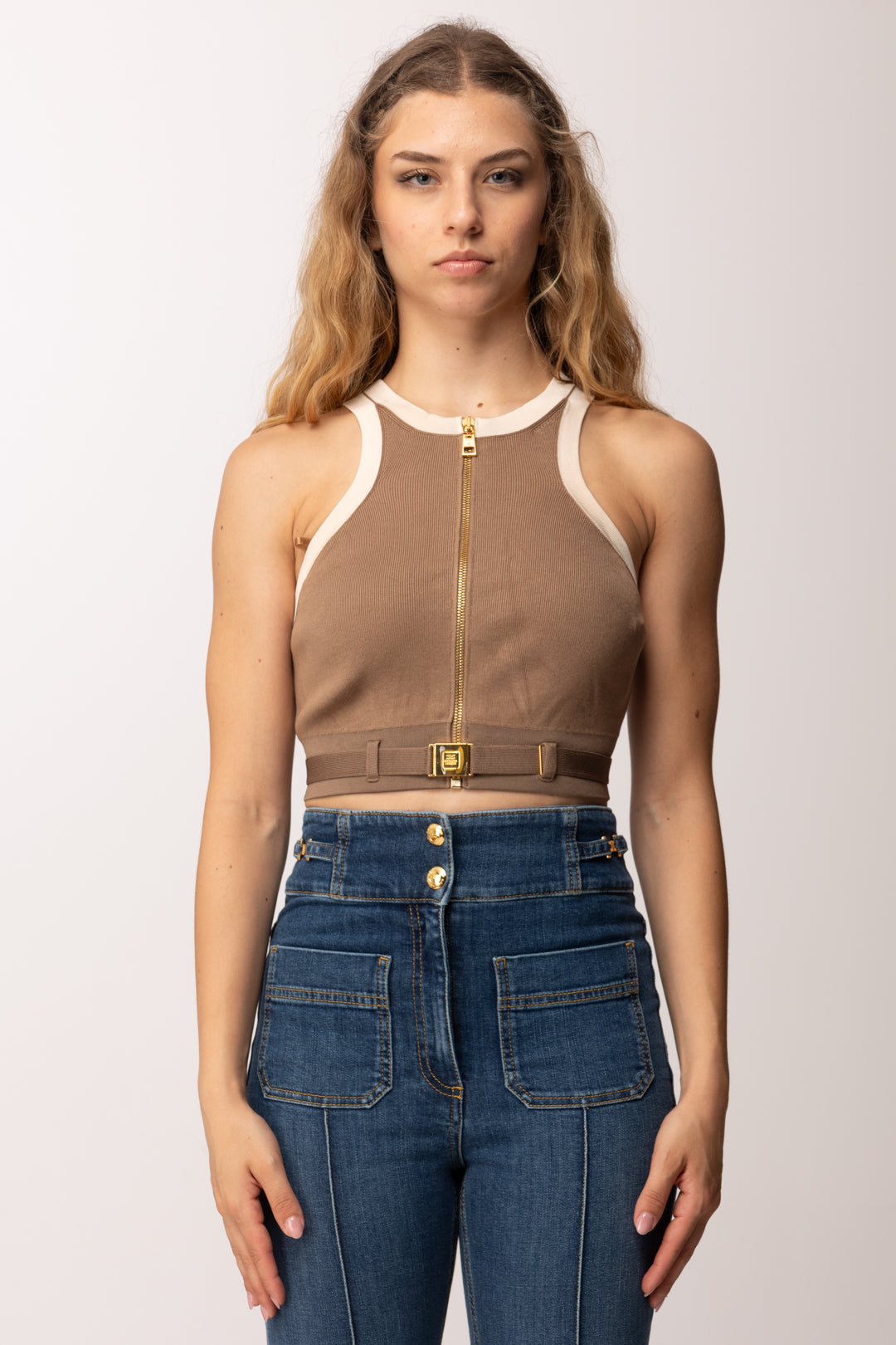 Elisabetta Franchi Top In Maglia con Bande In Viscosa Lucida TK71S61E2 ARGILLA/BURRO