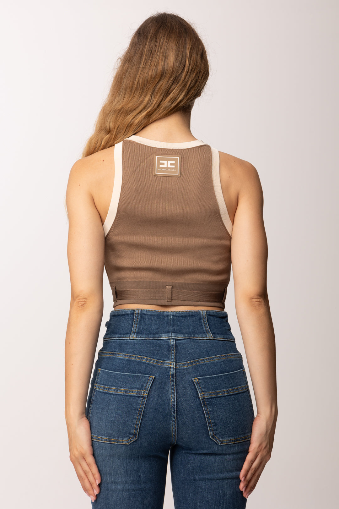 Elisabetta Franchi Top In Maglia con Bande In Viscosa Lucida TK71S61E2 ARGILLA/BURRO