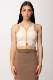 Elisabetta Franchi Top In Maglia con Bande In Viscosa Lucida TK71S61E2 BURRO/CAMMELLO