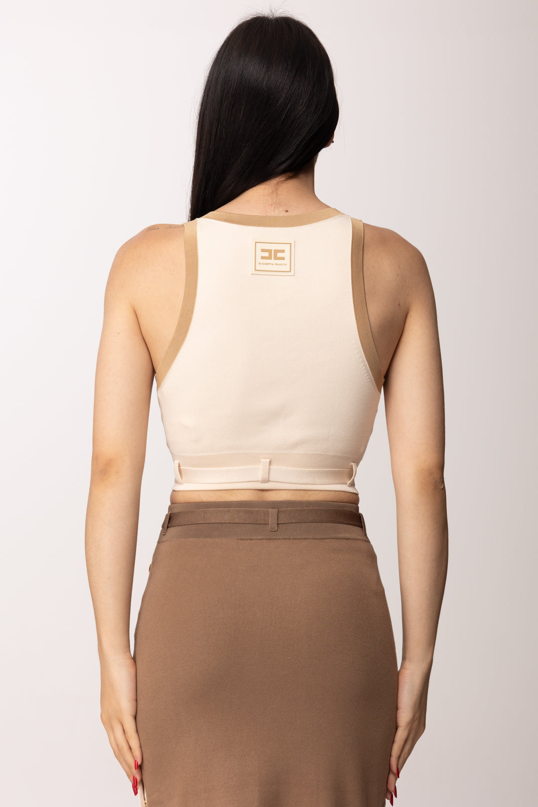 Elisabetta Franchi Top In Maglia con Bande In Viscosa Lucida TK71S61E2 BURRO/CAMMELLO