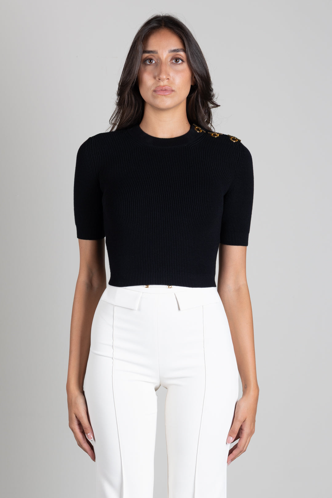 Elisabetta Franchi Top In Maglia con Dettaglio Occhielli Sulle Spalle MK02S66E2 NERO