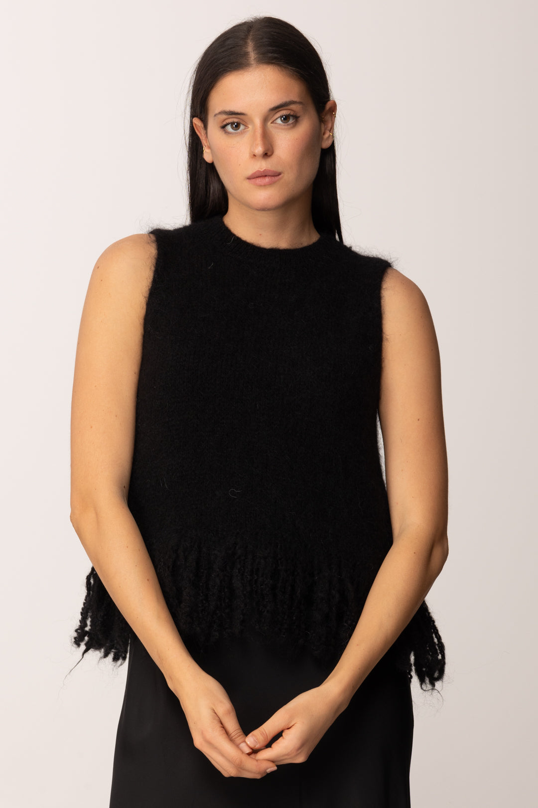 Khloe Femme Top In Maglia con Frange Misto Mohair BLACK