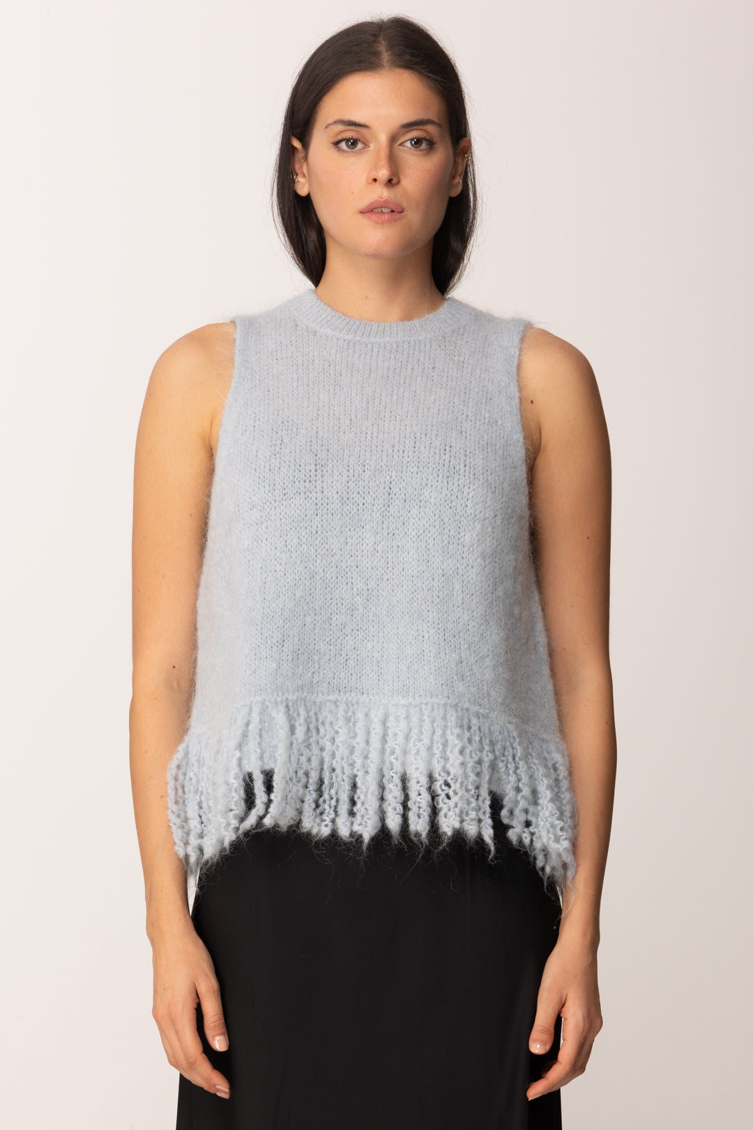 Khloe Femme Top In Maglia con Frange Misto Mohair CELESTE