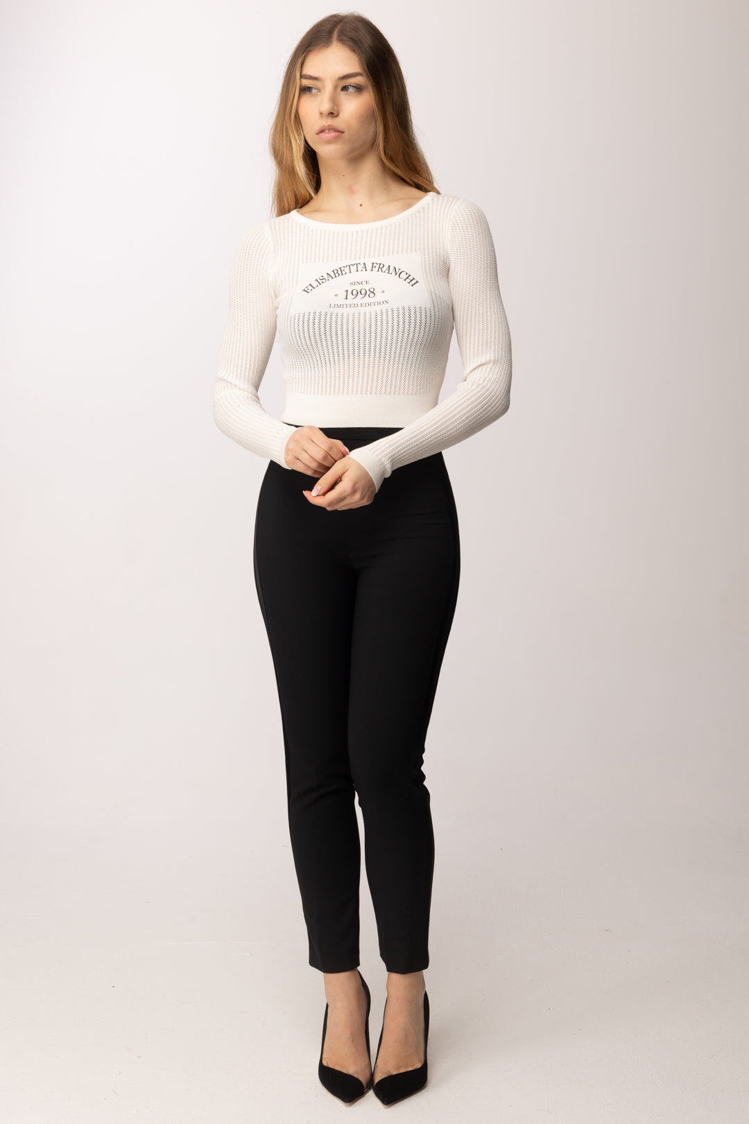 Elisabetta Franchi Top In Maglia con Logo Stampato MK73Q61E2 AVORIO