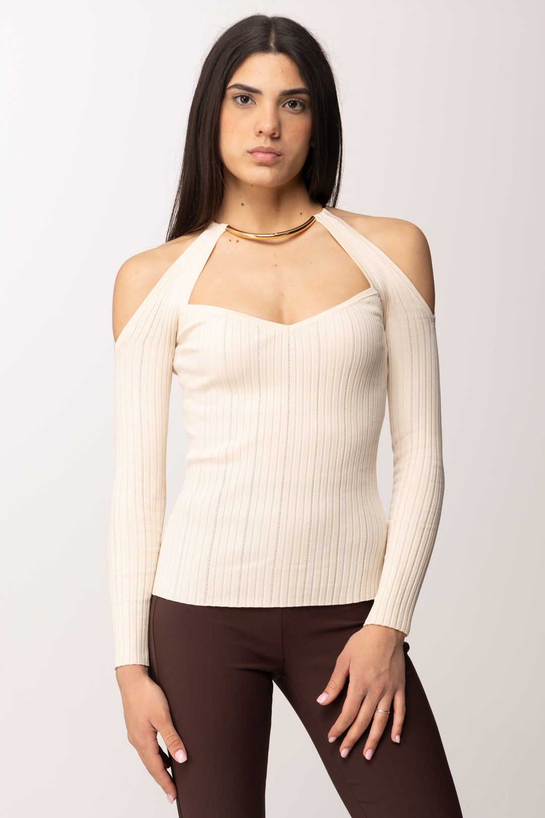 Elisabetta Franchi Top In Maglia con Spalle Scoperte e Dettaglio Gioiello MK89S61E2 BURRO