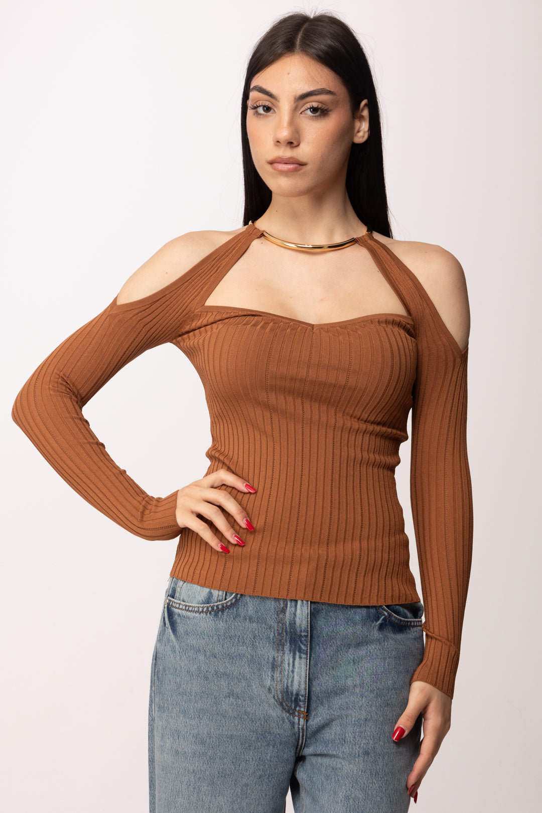 Elisabetta Franchi Top In Maglia con Spalle Scoperte e Dettaglio Gioiello MK89S61E2 CUOIO