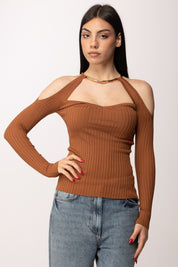 Elisabetta Franchi Top In Maglia con Spalle Scoperte e Dettaglio Gioiello MK89S61E2 CUOIO