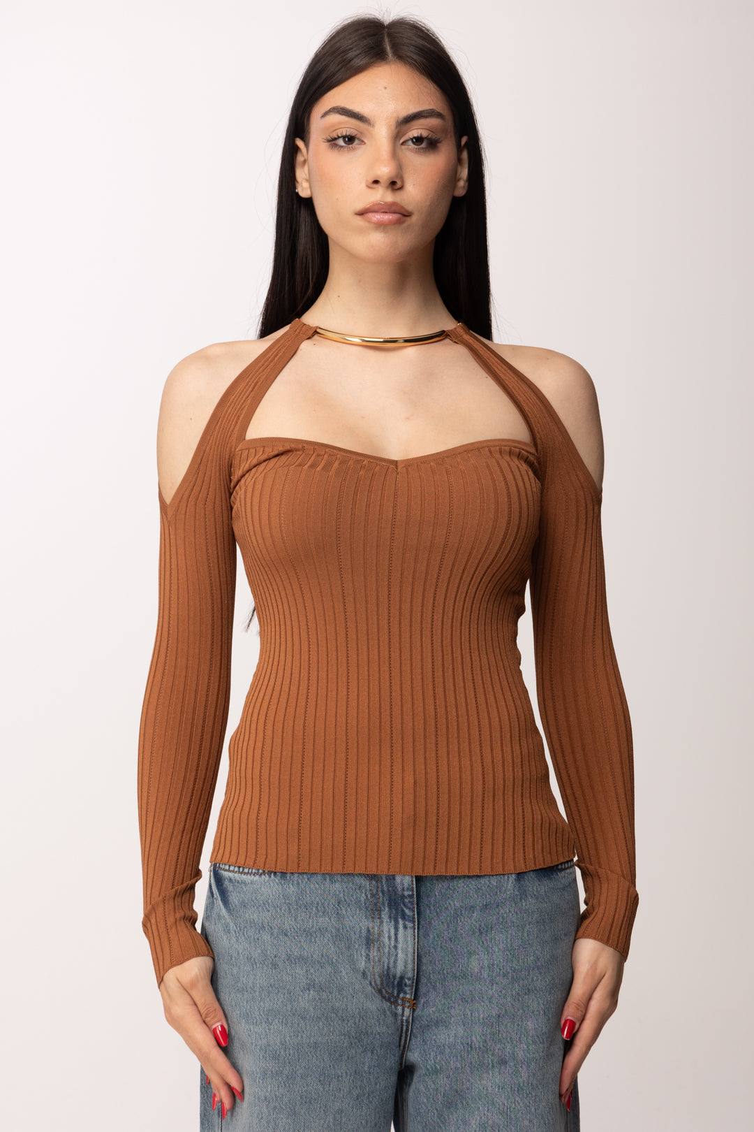 Elisabetta Franchi Top In Maglia con Spalle Scoperte e Dettaglio Gioiello MK89S61E2 CUOIO