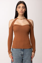 Elisabetta Franchi Top In Maglia con Spalle Scoperte e Dettaglio Gioiello MK89S61E2 CUOIO