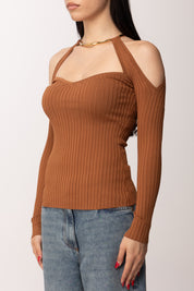 Elisabetta Franchi Top In Maglia con Spalle Scoperte e Dettaglio Gioiello MK89S61E2 CUOIO