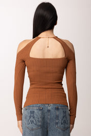 Elisabetta Franchi Top In Maglia con Spalle Scoperte e Dettaglio Gioiello MK89S61E2 CUOIO