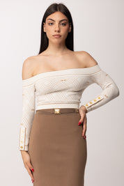 Elisabetta Franchi Top In Maglia Jacquard con Spalle Scoperte MK27Q61E2 AVORIO/DAINO