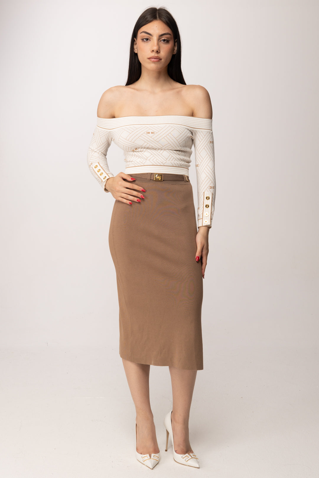 Elisabetta Franchi Top In Maglia Jacquard con Spalle Scoperte MK27Q61E2 AVORIO/DAINO