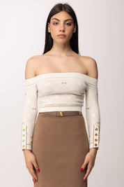Elisabetta Franchi Top In Maglia Jacquard con Spalle Scoperte MK27Q61E2 AVORIO/DAINO