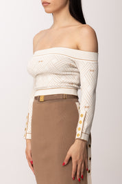 Elisabetta Franchi Top In Maglia Jacquard con Spalle Scoperte MK27Q61E2 AVORIO/DAINO