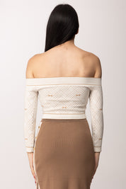 Elisabetta Franchi Top In Maglia Jacquard con Spalle Scoperte MK27Q61E2 AVORIO/DAINO