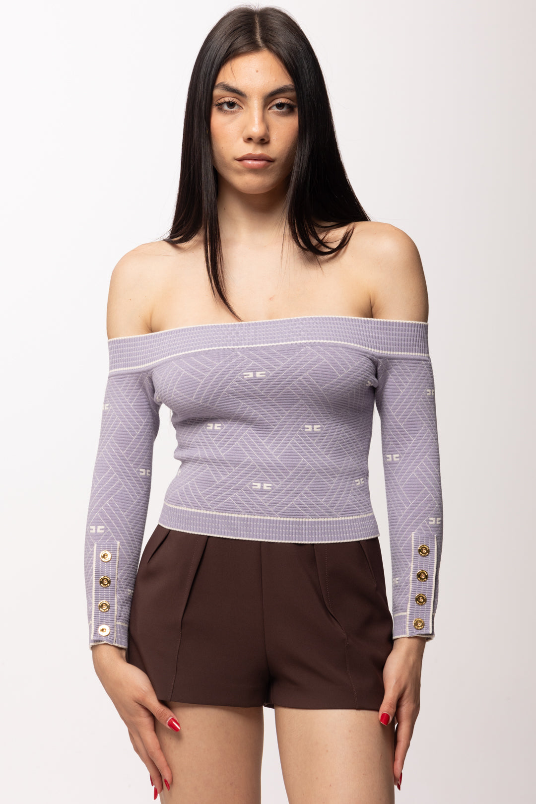 Elisabetta Franchi Top In Maglia Jacquard con Spalle Scoperte MK27Q61E2 LILLA/BURRO