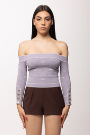 Elisabetta Franchi Top In Maglia Jacquard con Spalle Scoperte MK27Q61E2 LILLA/BURRO