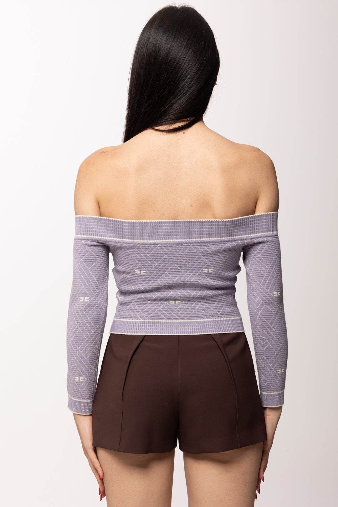 Elisabetta Franchi Top In Maglia Jacquard con Spalle Scoperte MK27Q61E2 LILLA/BURRO
