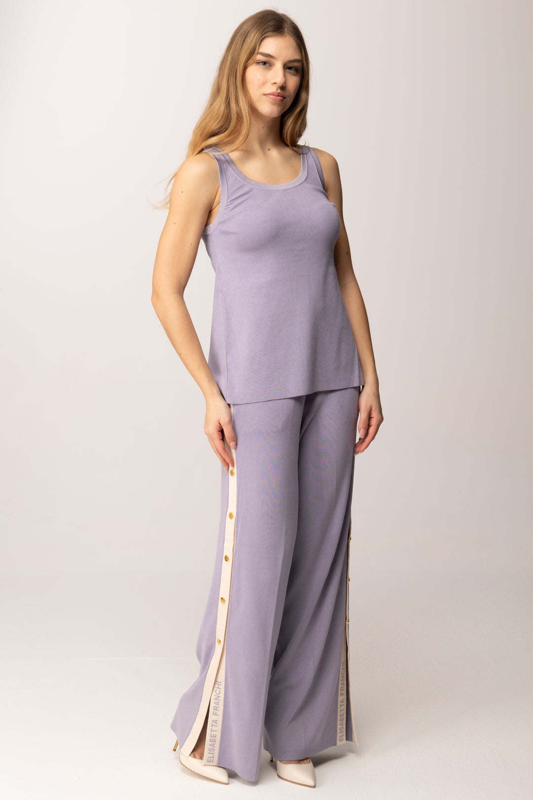 Elisabetta Franchi Top In Maglia Smanicato con Dettaglio Logo TK72S61E2 LILLA/BURRO