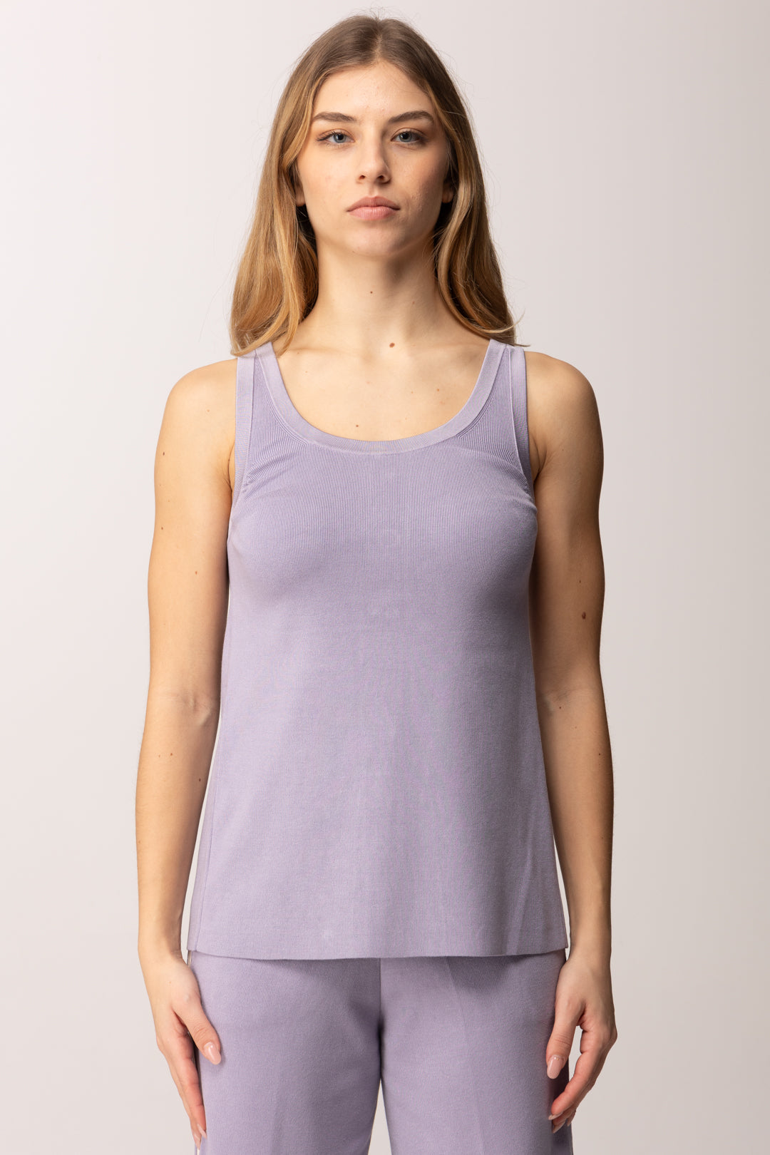 Elisabetta Franchi Top In Maglia Smanicato con Dettaglio Logo TK72S61E2 LILLA/BURRO