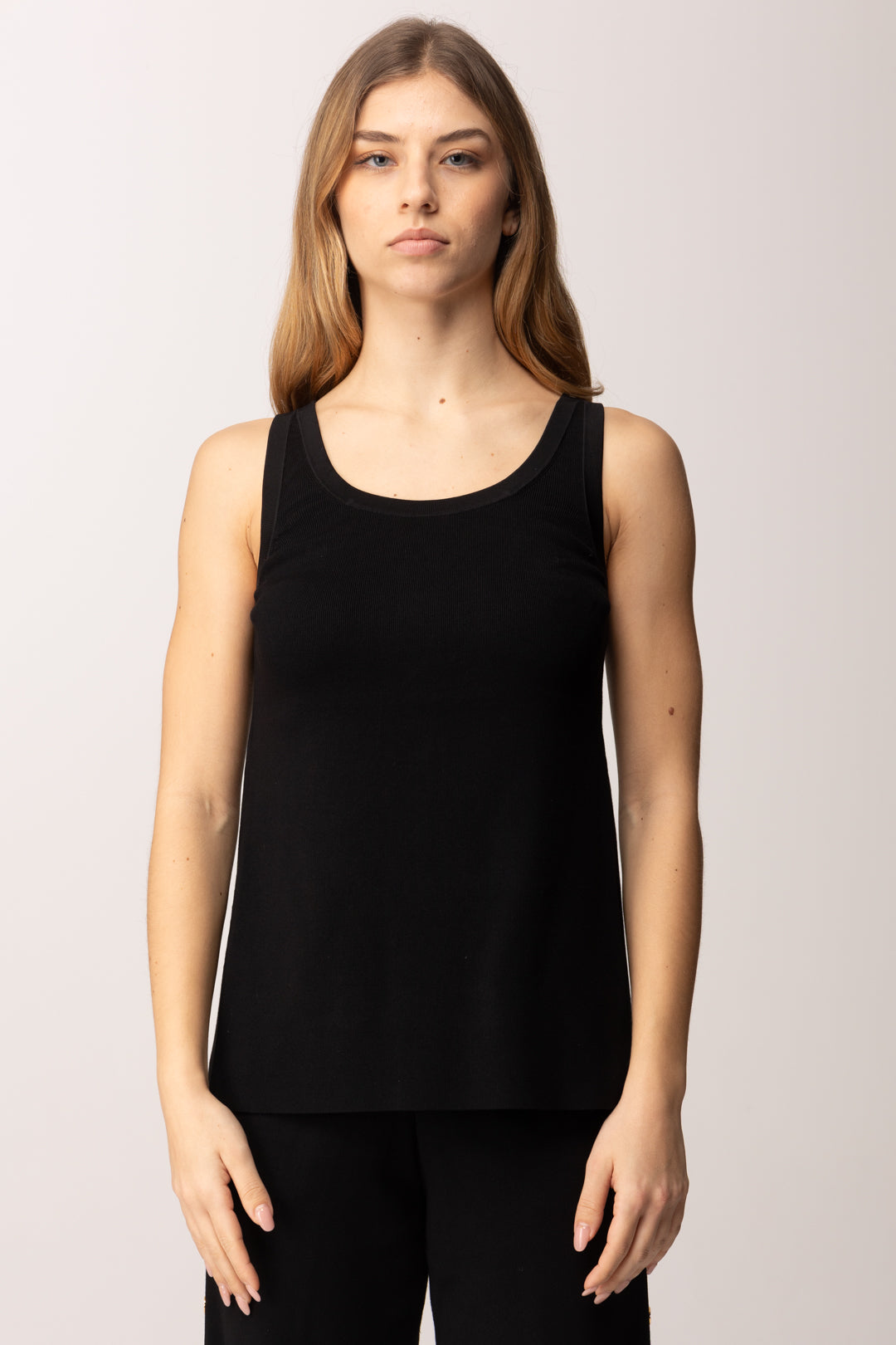 Elisabetta Franchi Top In Maglia Smanicato con Dettaglio Logo TK72S61E2 NERO/BURRO