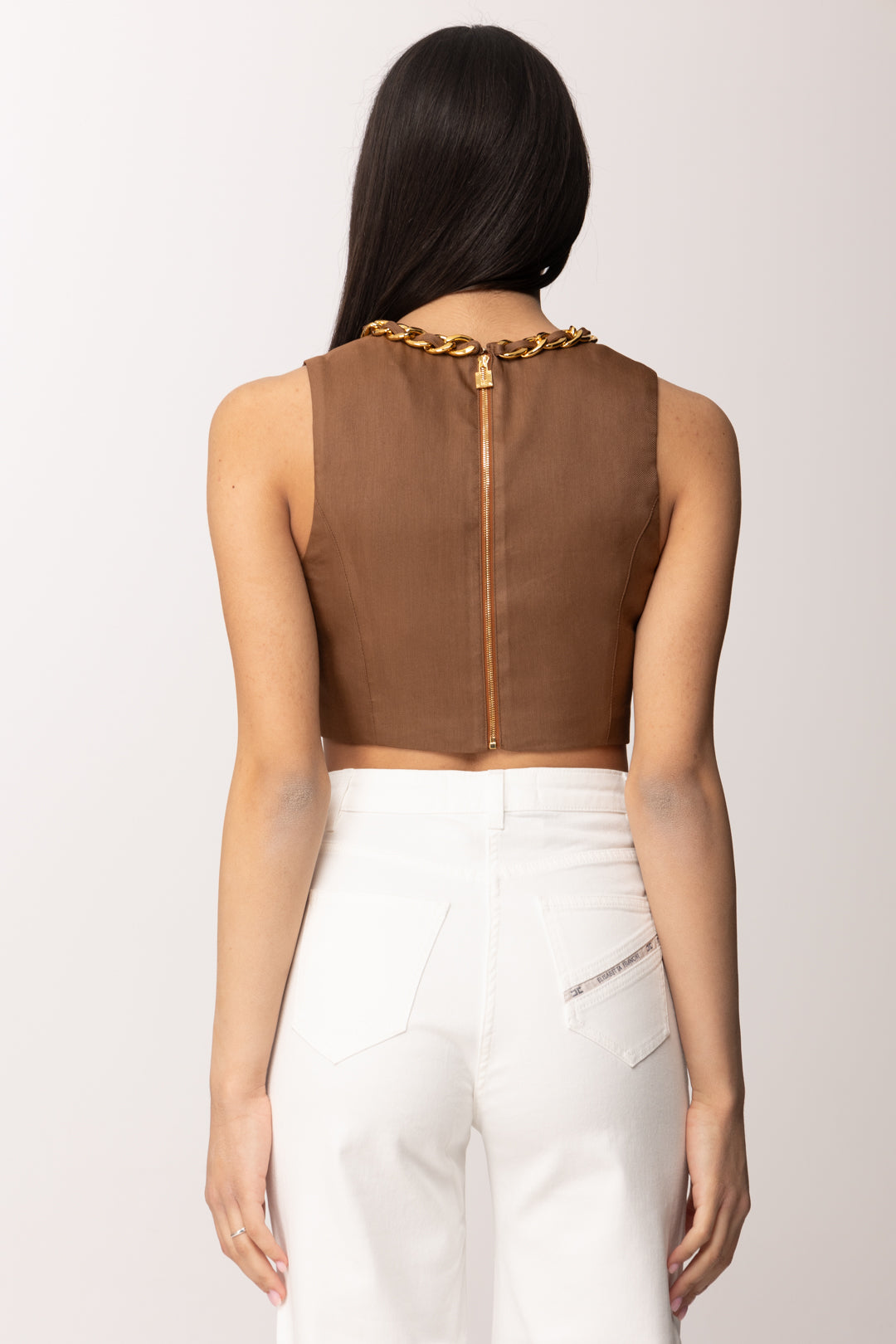 Elisabetta Franchi Top In Misto Lino con Catena Gioiello TO06062E2 CUOIO