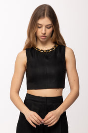 Elisabetta Franchi Top In Misto Lino con Catena Gioiello TO06062E2 NERO