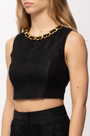 Elisabetta Franchi Top In Misto Lino con Catena Gioiello TO06062E2 NERO