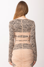 Elisabetta Franchi Top In Pizzo con Drappeggi e Zip Frontale MD02862E2 NUDE/NERO