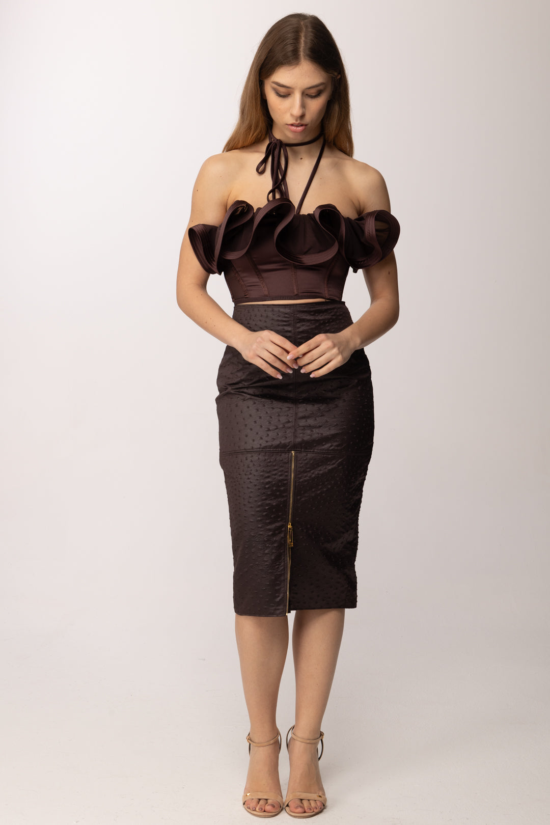 Elisabetta Franchi Top In Raso con Maxi Ruches e Nestri Al Collo TO03962E2 CACAO