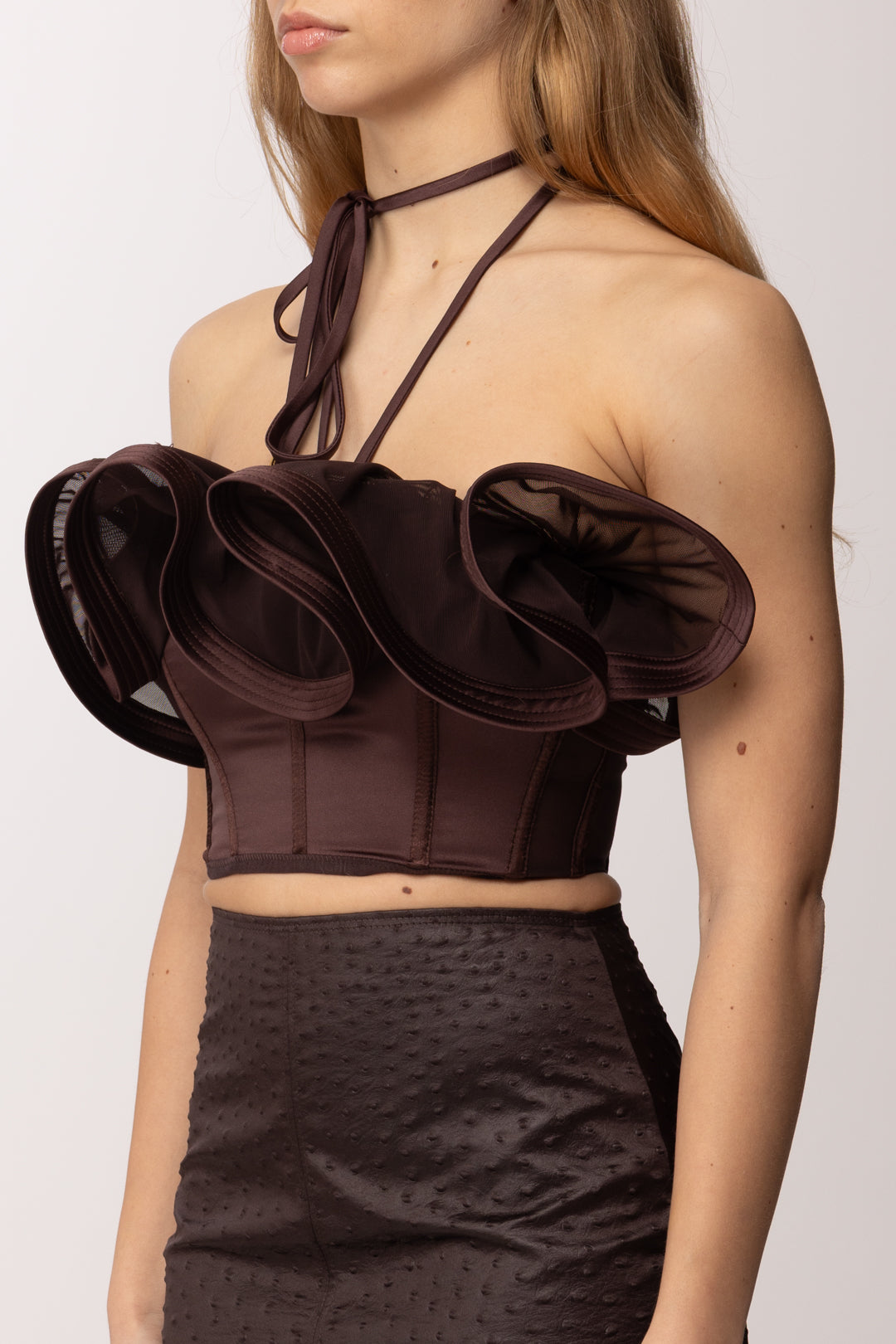 Elisabetta Franchi Top In Raso con Maxi Ruches e Nestri Al Collo TO03962E2 CACAO