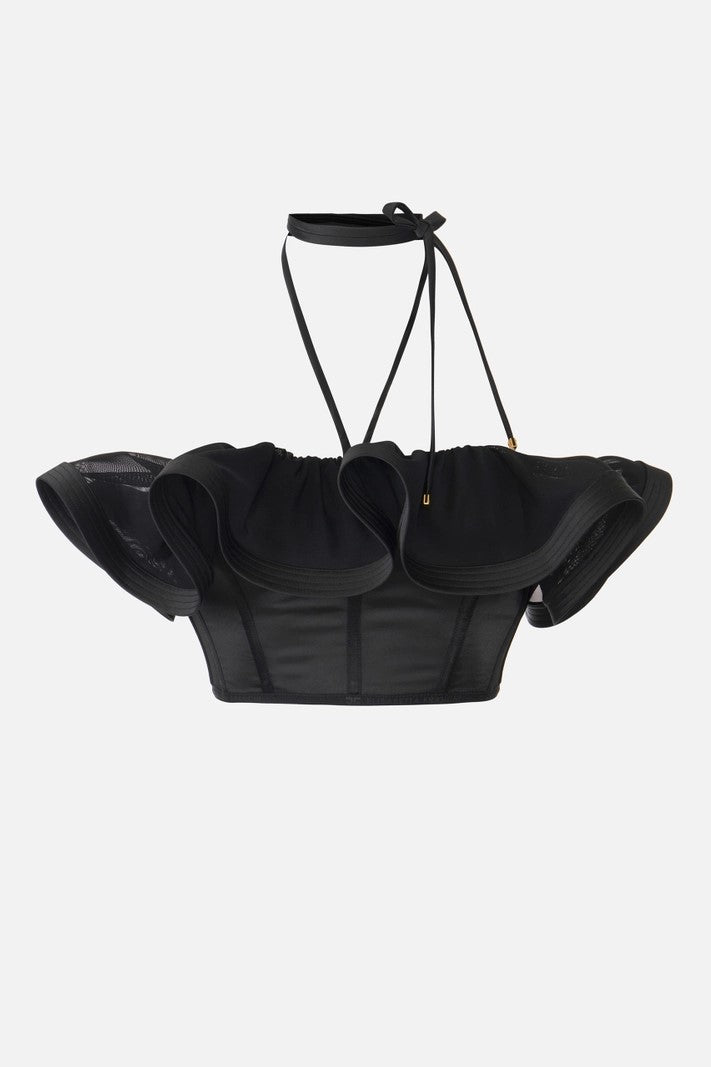 Elisabetta Franchi Top In Raso con Maxi Ruches e Nestri Al Collo TO03962E2 NERO