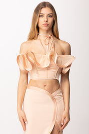 Elisabetta Franchi Top In Raso con Maxi Ruches e Nestri Al Collo TO03962E2 NUDE